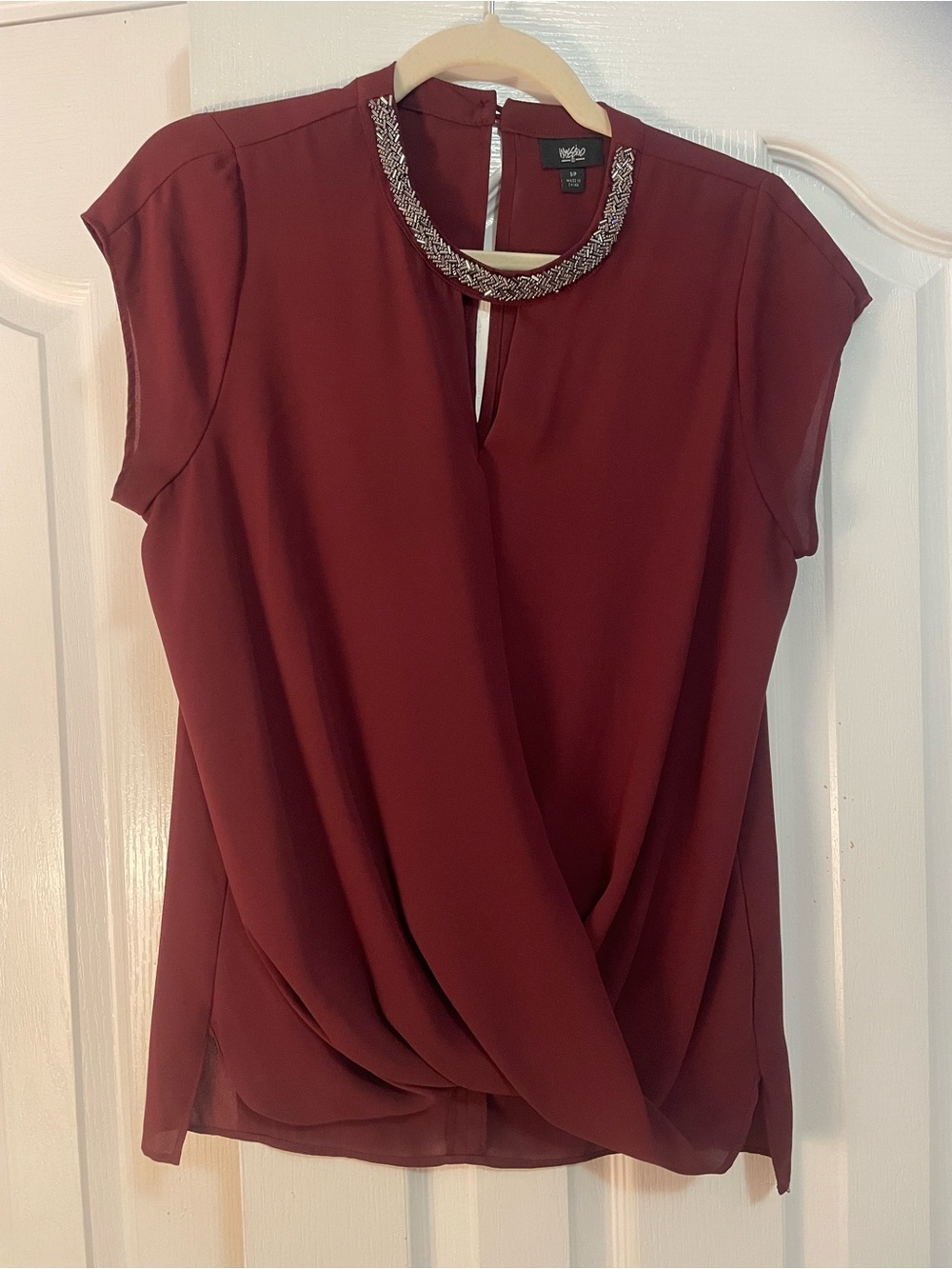 Mossimo Burgundy Draped Front Blouse with Embellished Neck